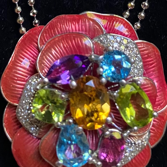 Sterling Silver Enamel Multi Stone Flower Pendant - Picture 5 of 8